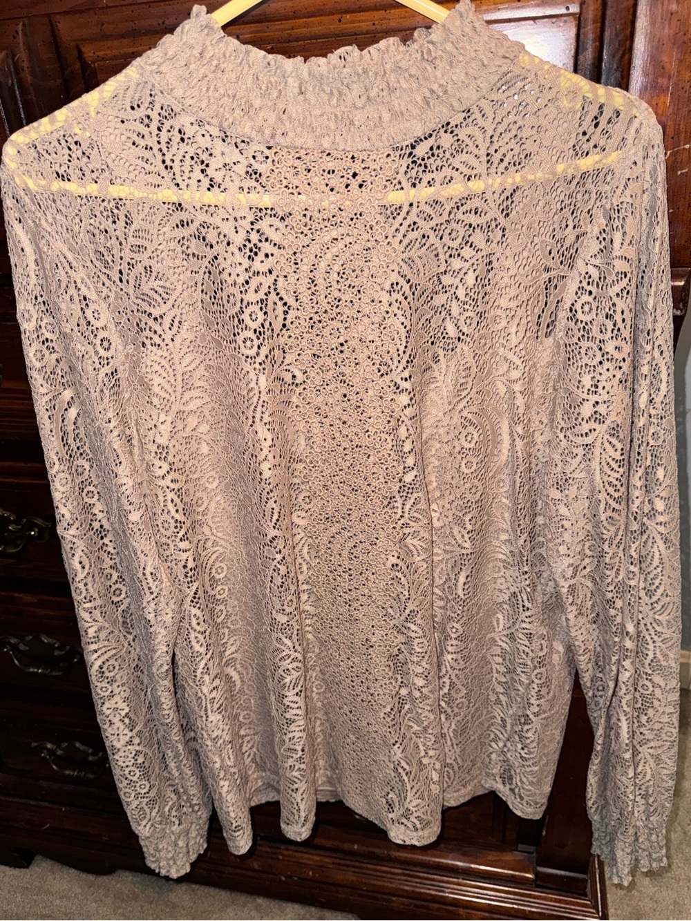 Cable And Gauge Lace Long Sleeve Smocked Neck Top - Light Taupe